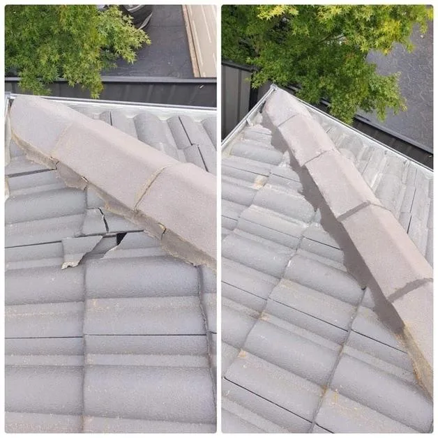 Cracked roof tiles under a hip before re-bedding and pointing work from Pauly's Roofing hipages gallery